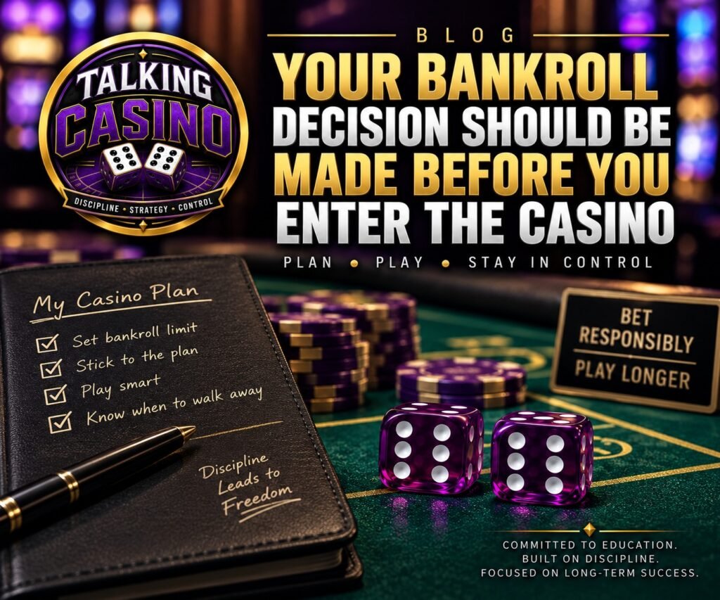 Talking Casino bankroll management graphic encouraging players to set their bankroll limit before entering the casino.