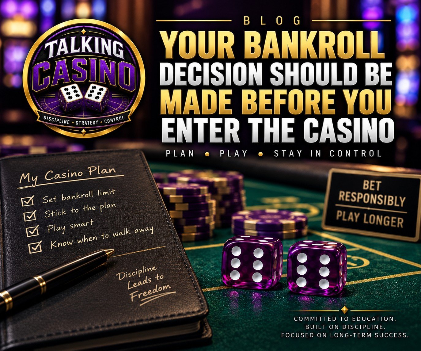 Talking Casino bankroll management graphic encouraging players to set their bankroll limit before entering the casino.